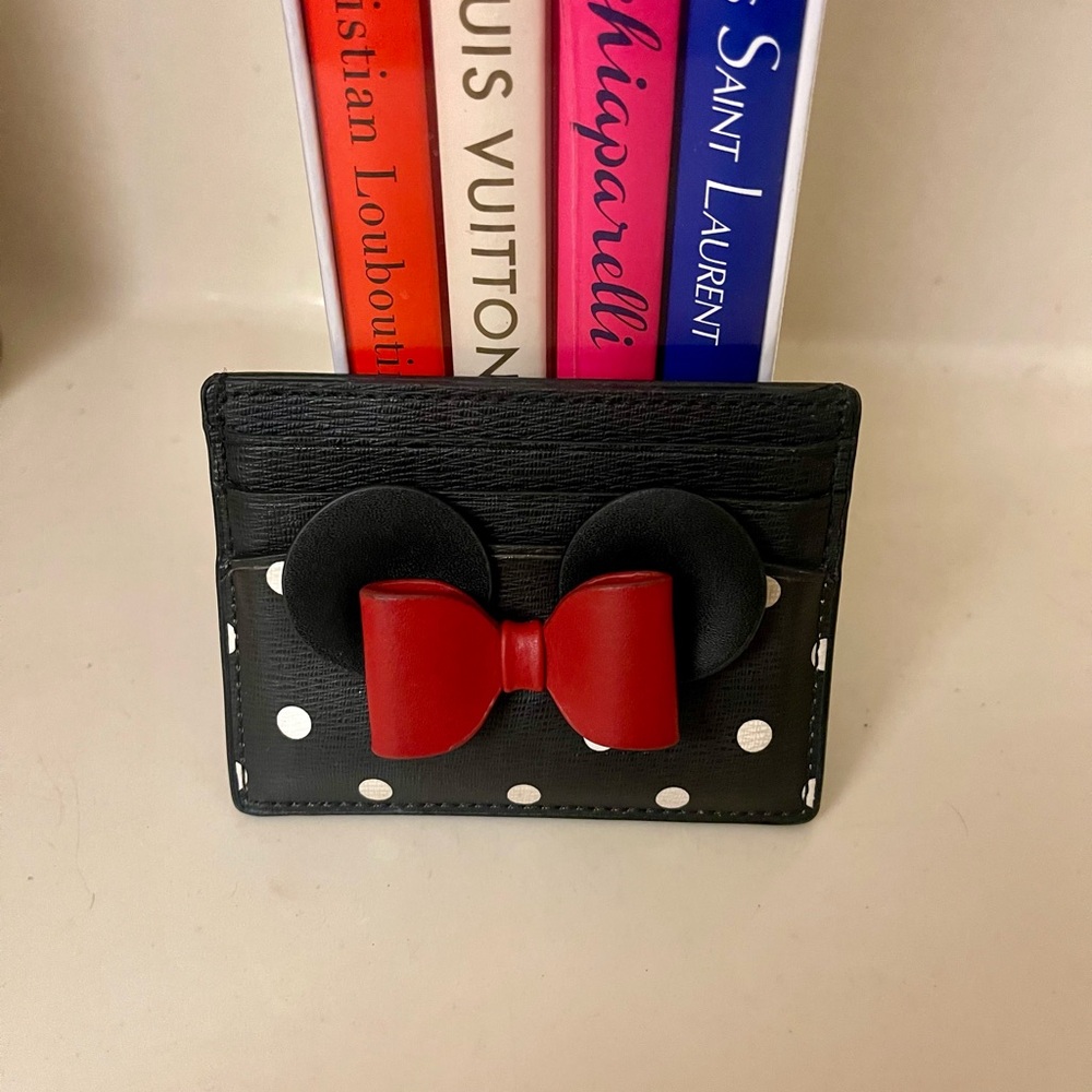 Kate Spade Black Mickey Mouse Polka Dot Card Holder with Red Bow